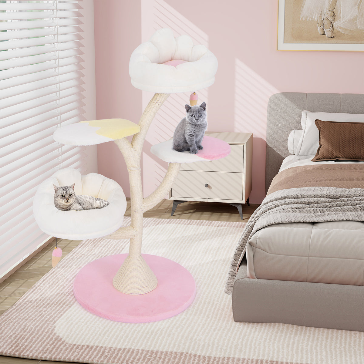 Multi-Layer Cat Tree Tower with 2 Perches & Platforms - Pink - Costway