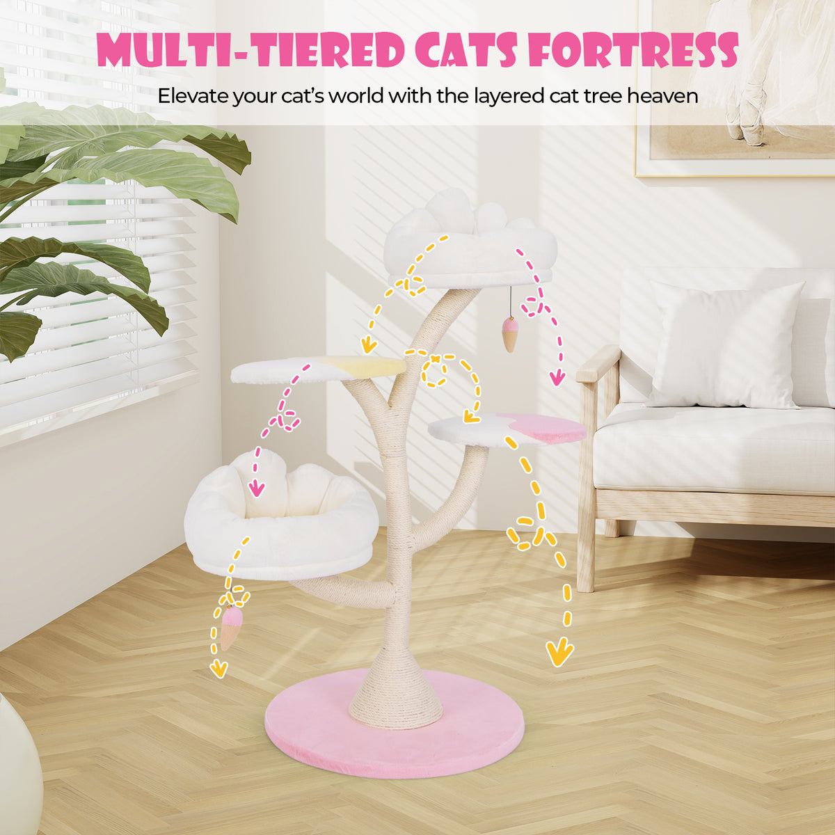 Multi-Layer Cat Tree Tower with 2 Perches & Platforms - Pink - Costway