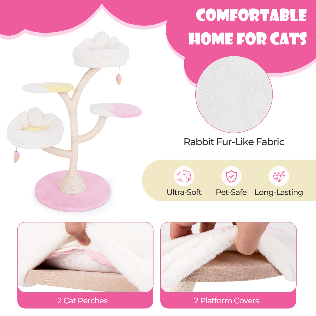 Multi-Layer Cat Tree Tower with 2 Perches & Platforms - Pink - Costway