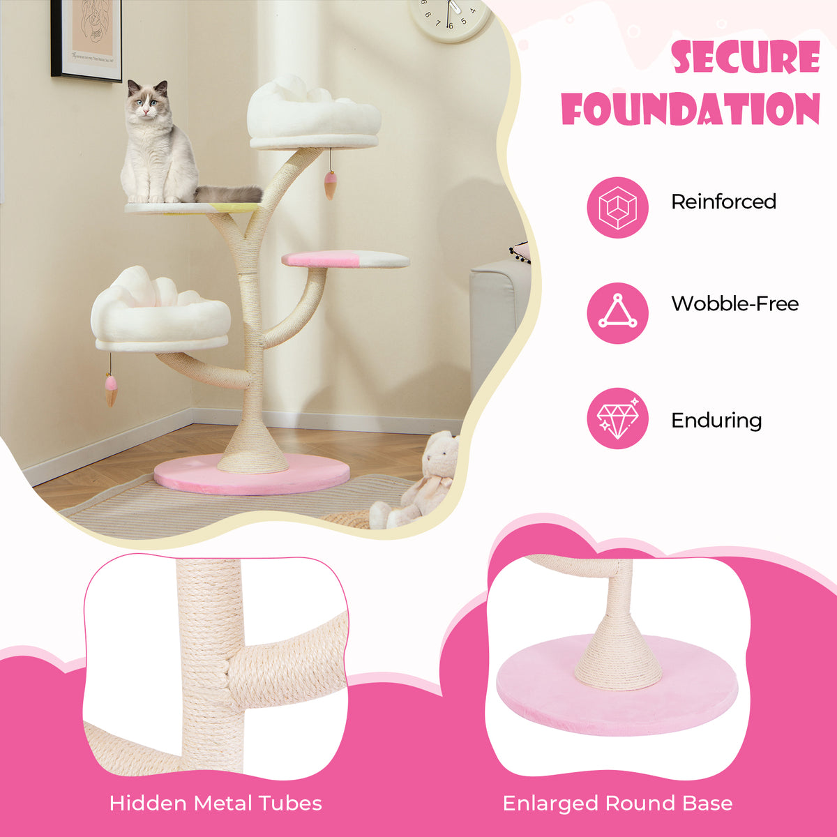 Multi-Layer Cat Tree Tower with 2 Perches & Platforms - Pink - Costway