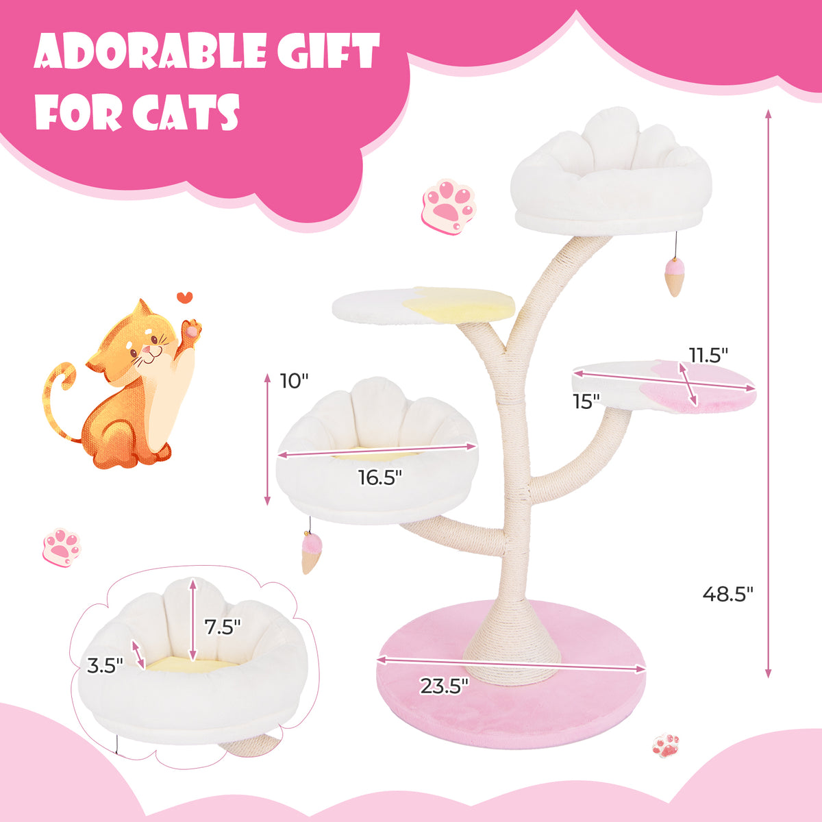 Multi-Layer Cat Tree Tower with 2 Perches & Platforms - Pink - Costway