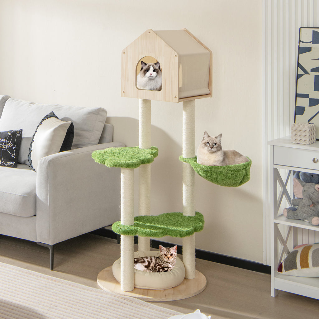 Green 55 Inch Tall Cat Climbing Stand with Sisal Scratching Posts & Soft Bed - Indoor Kitten Furniture