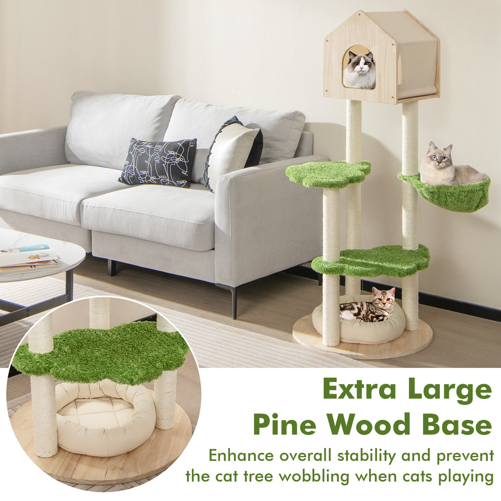Green 55 Inch Tall Cat Climbing Stand with Sisal Scratching Posts & Soft Bed - Indoor Kitten Furniture
