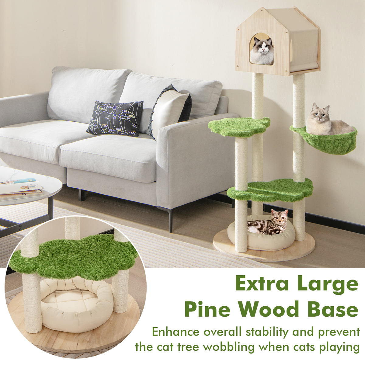 Green 55 Inch Tall Cat Climbing Stand with Sisal Scratching Posts & Soft Bed - Indoor Kitten Furniture