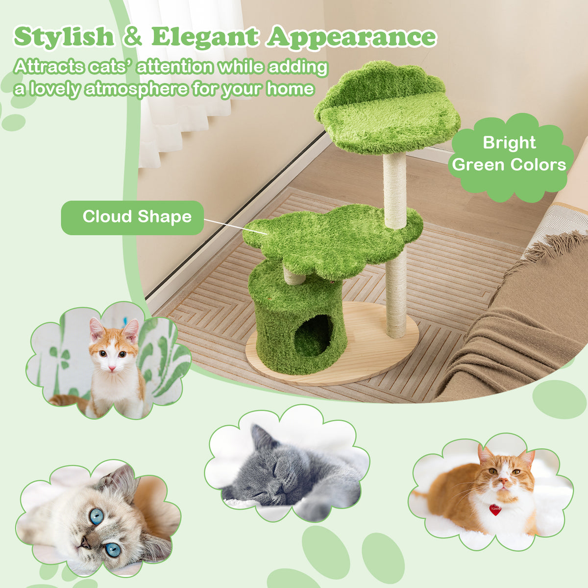 Green 38 Inch Cute Cat Tree with Fully Wrapped Sisal Posts & Cozy Condo