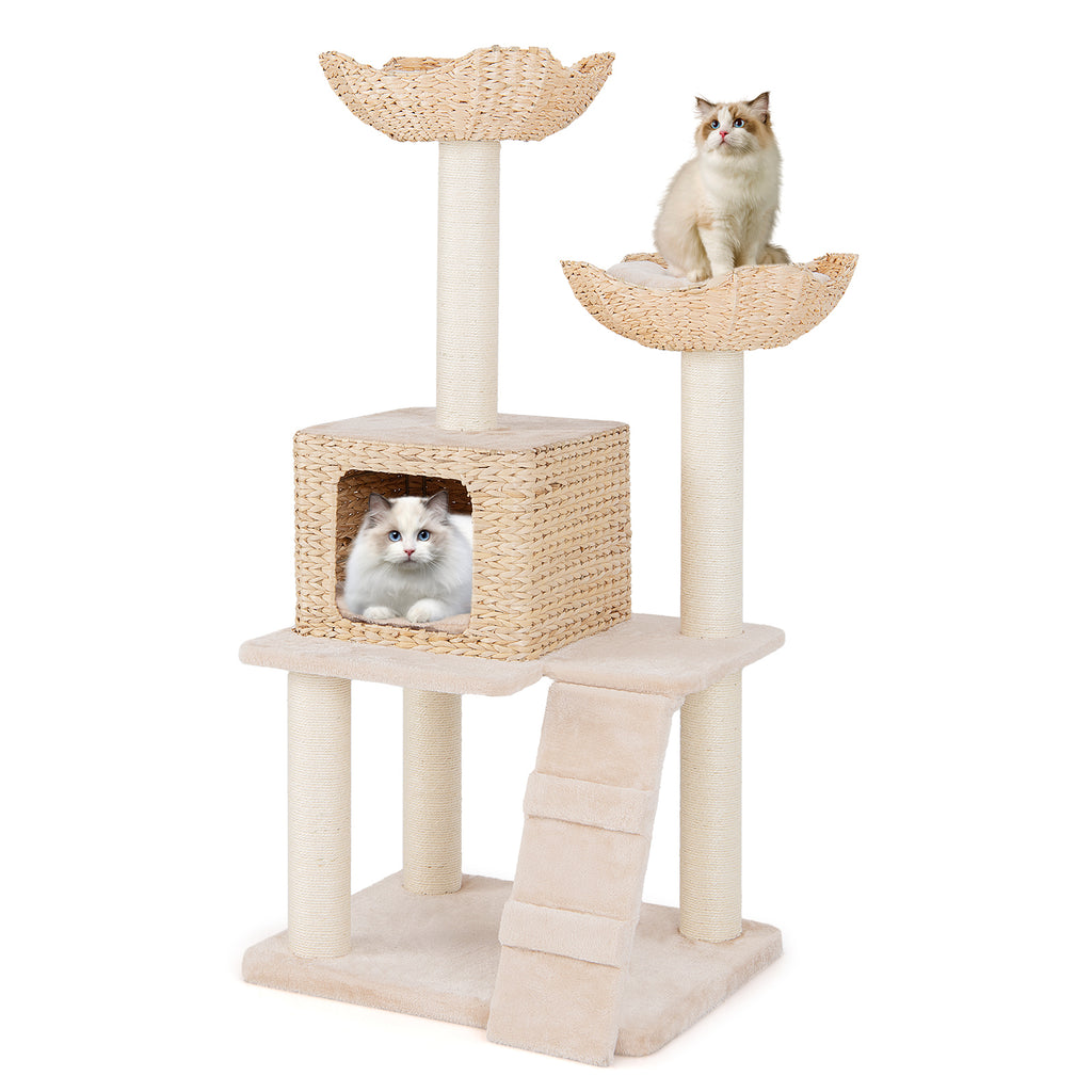 Beige 48 Inch Cattail Cat Tower with Sisal Posts, Perch & Condo - Multi-Level Pet Tree