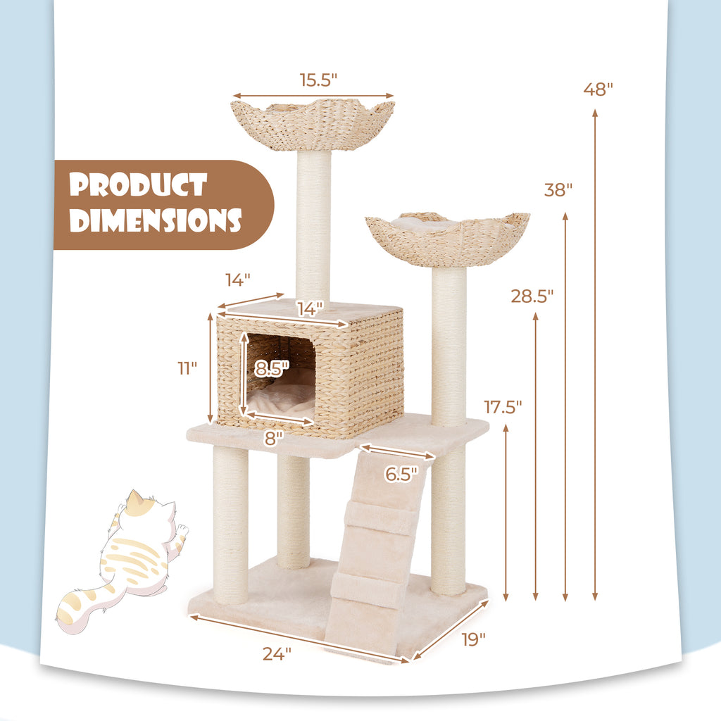 Beige 48 Inch Cattail Cat Tower with Sisal Posts, Perch & Condo - Multi-Level Pet Tree