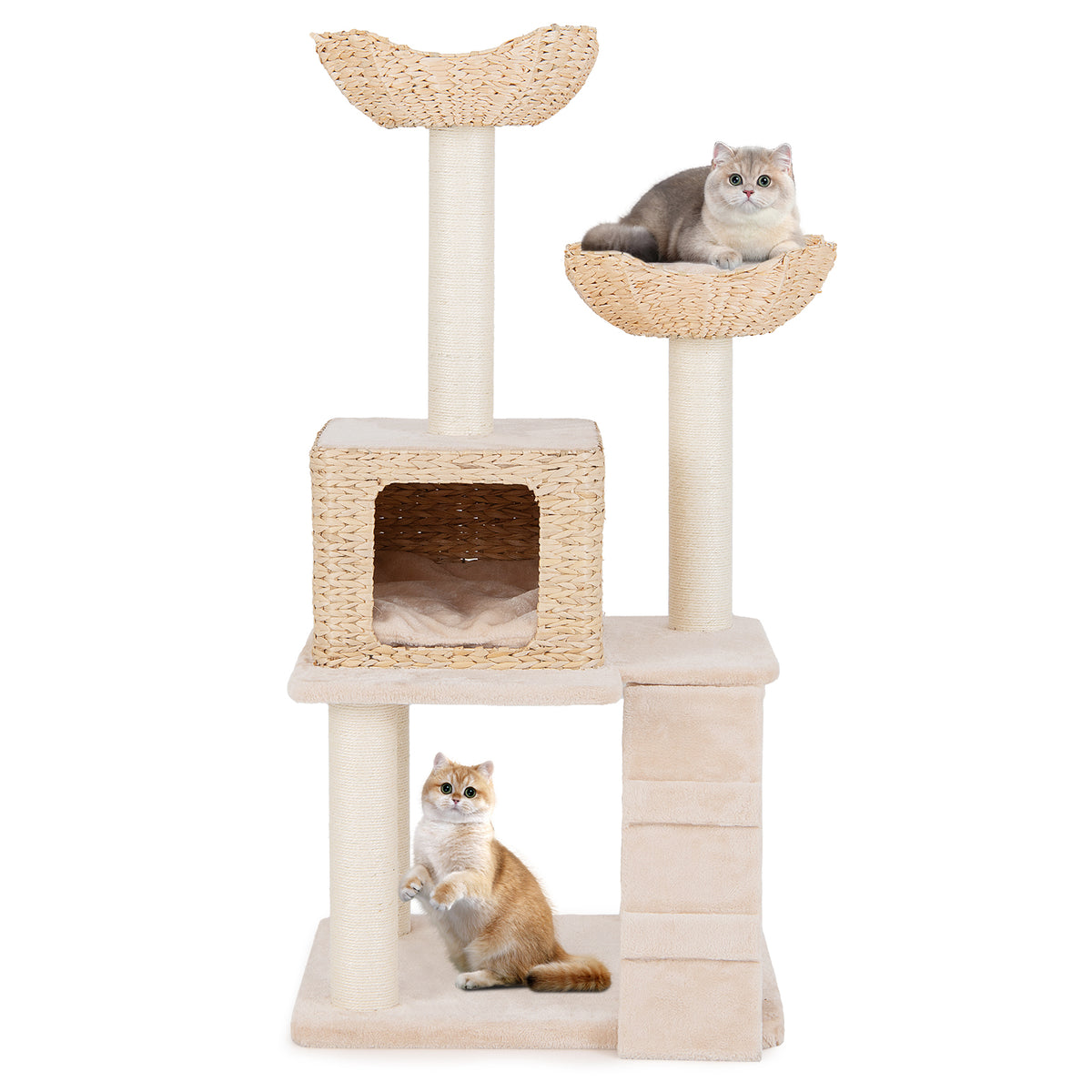 Beige 48 Inch Cattail Cat Tower with Sisal Posts, Perch & Condo - Multi-Level Pet Tree