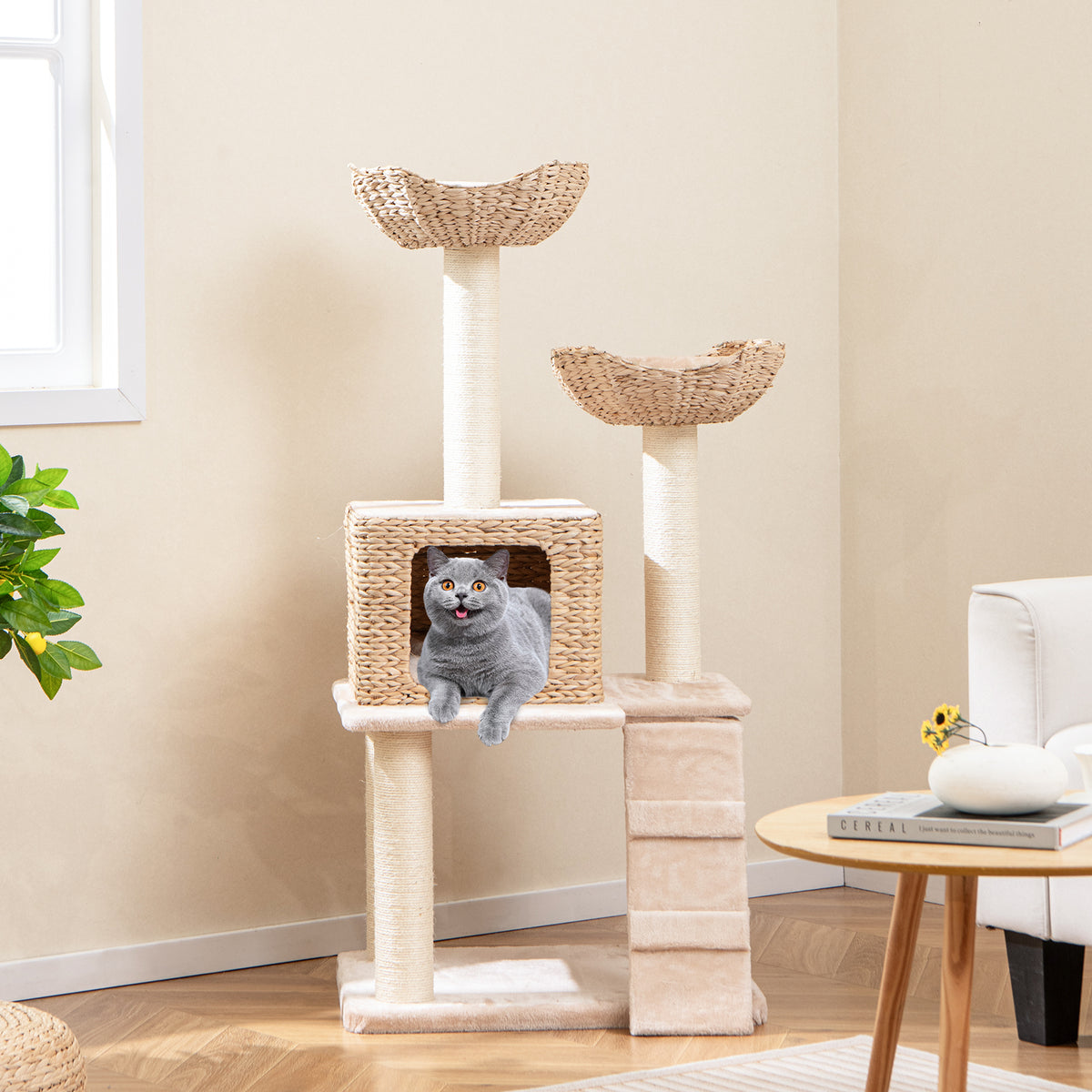 Beige 48 Inch Cattail Cat Tower with Sisal Posts, Perch & Condo - Multi-Level Pet Tree