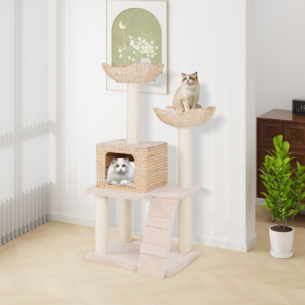 Beige 48 Inch Cattail Cat Tower with Sisal Posts, Perch & Condo - Multi-Level Pet Tree