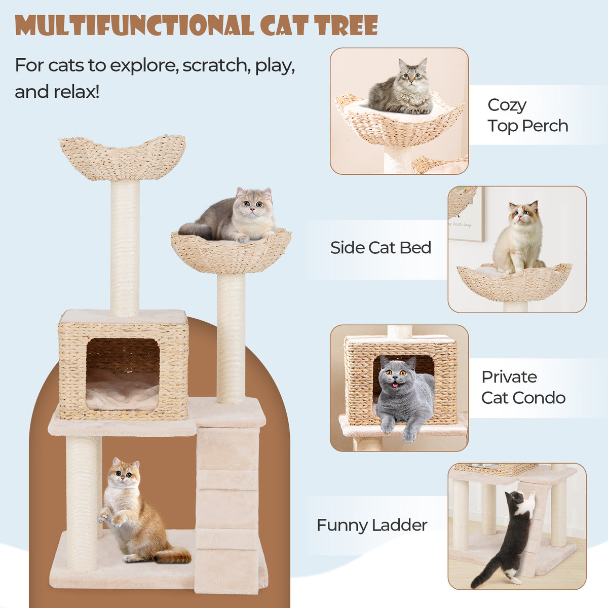 Beige 48 Inch Cattail Cat Tower with Sisal Posts, Perch & Condo - Multi-Level Pet Tree