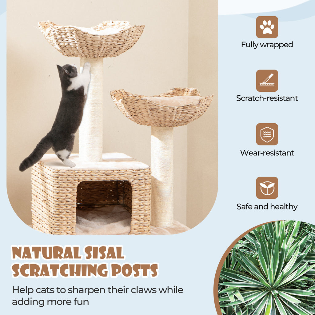 Beige 48 Inch Cattail Cat Tower with Sisal Posts, Perch & Condo - Multi-Level Pet Tree