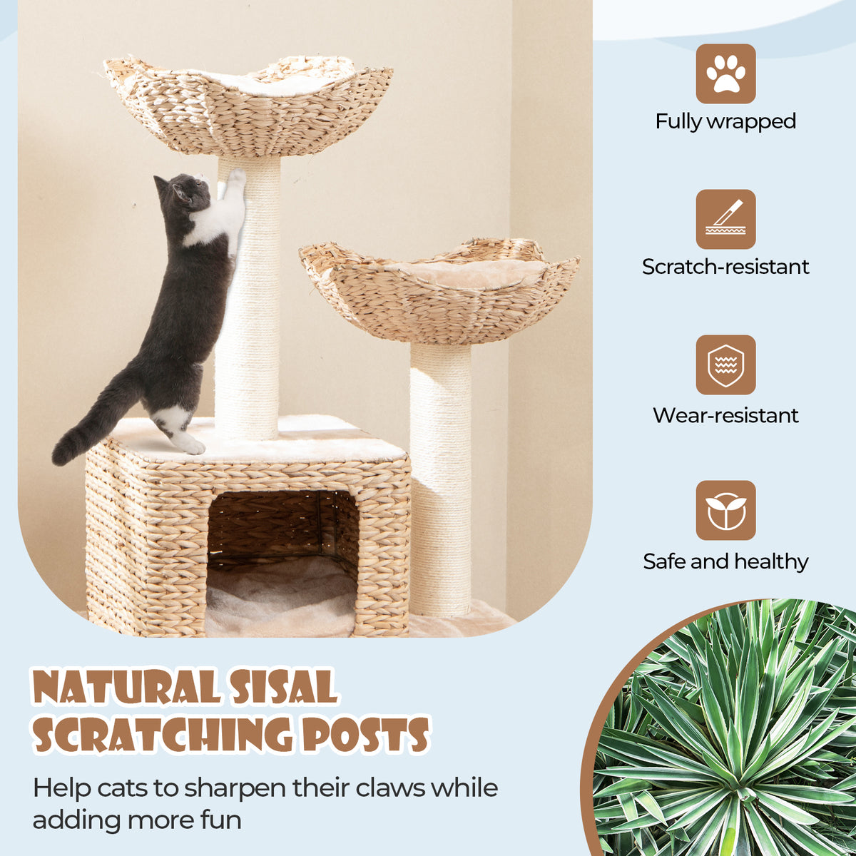 Beige 48 Inch Cattail Cat Tower with Sisal Posts, Perch & Condo - Multi-Level Pet Tree