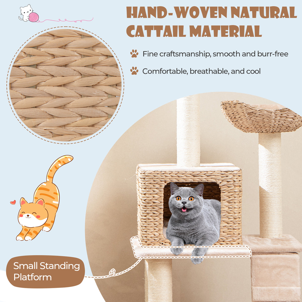 Beige 48 Inch Cattail Cat Tower with Sisal Posts, Perch & Condo - Multi-Level Pet Tree