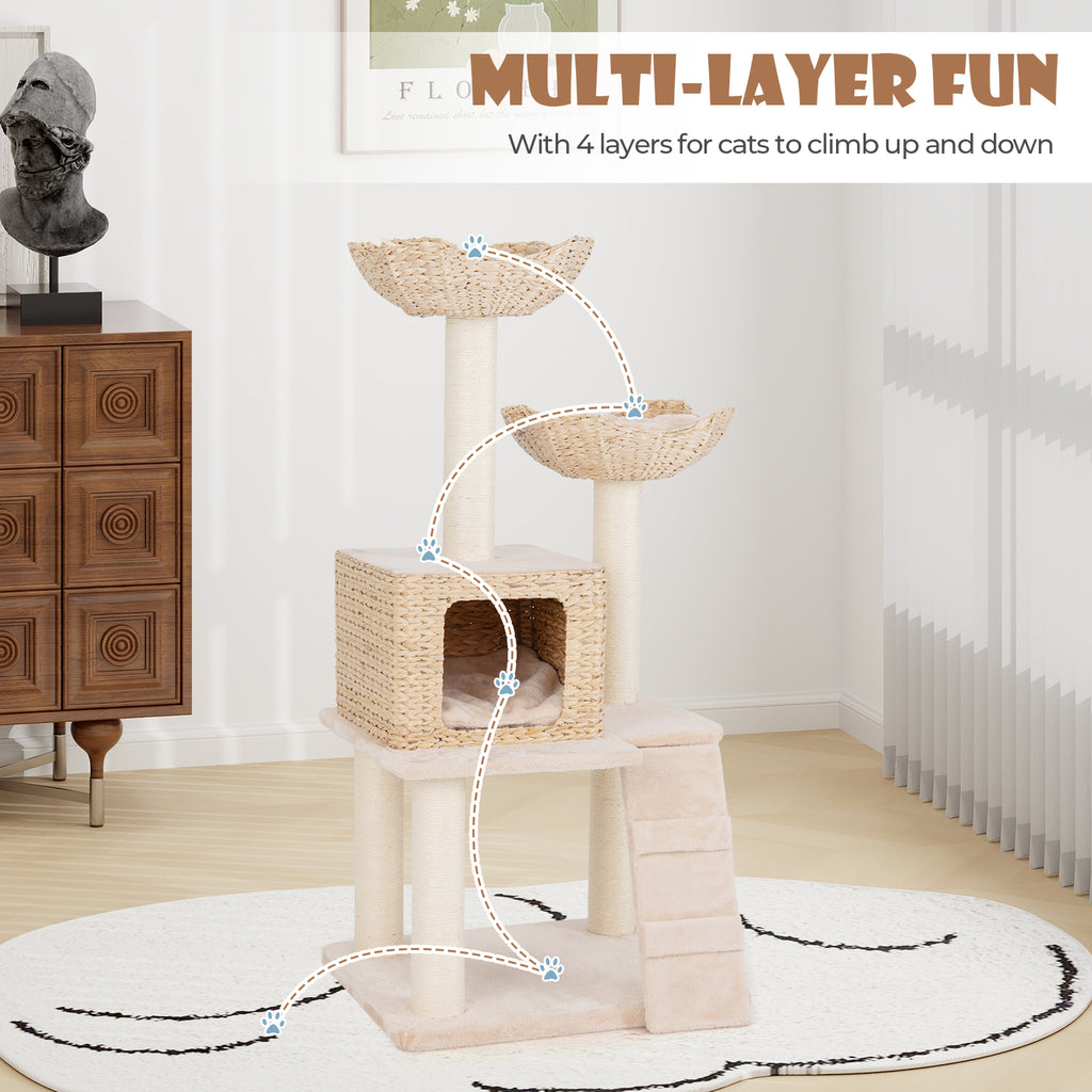 Beige 48 Inch Cattail Cat Tower with Sisal Posts, Perch & Condo - Multi-Level Pet Tree