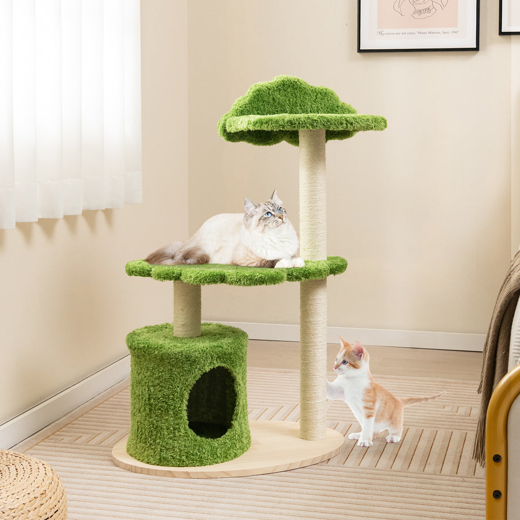 Green 38 Inch Cute Cat Tree with Fully Wrapped Sisal Posts & Cozy Condo