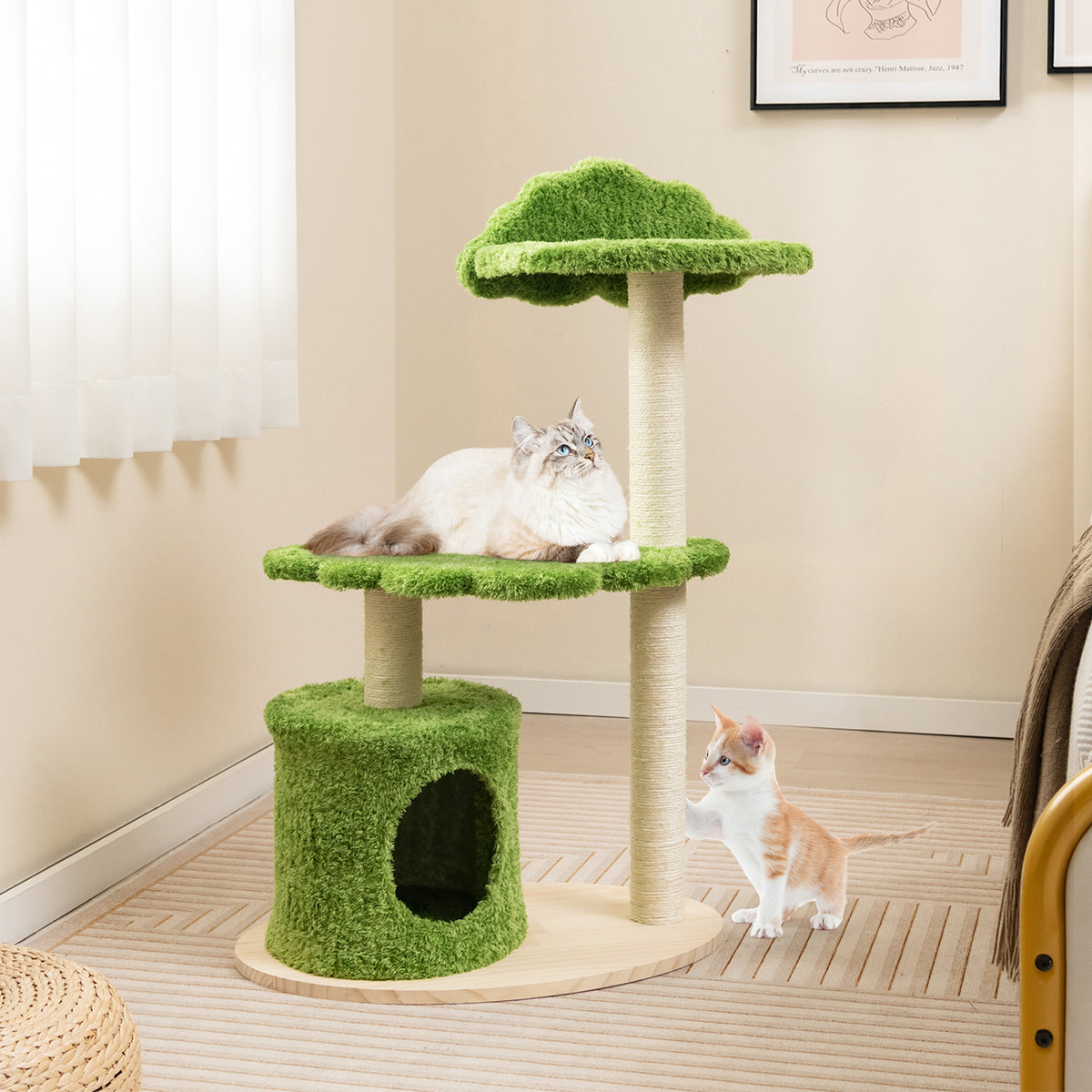 Green 38 Inch Cute Cat Tree with Fully Wrapped Sisal Posts & Cozy Condo