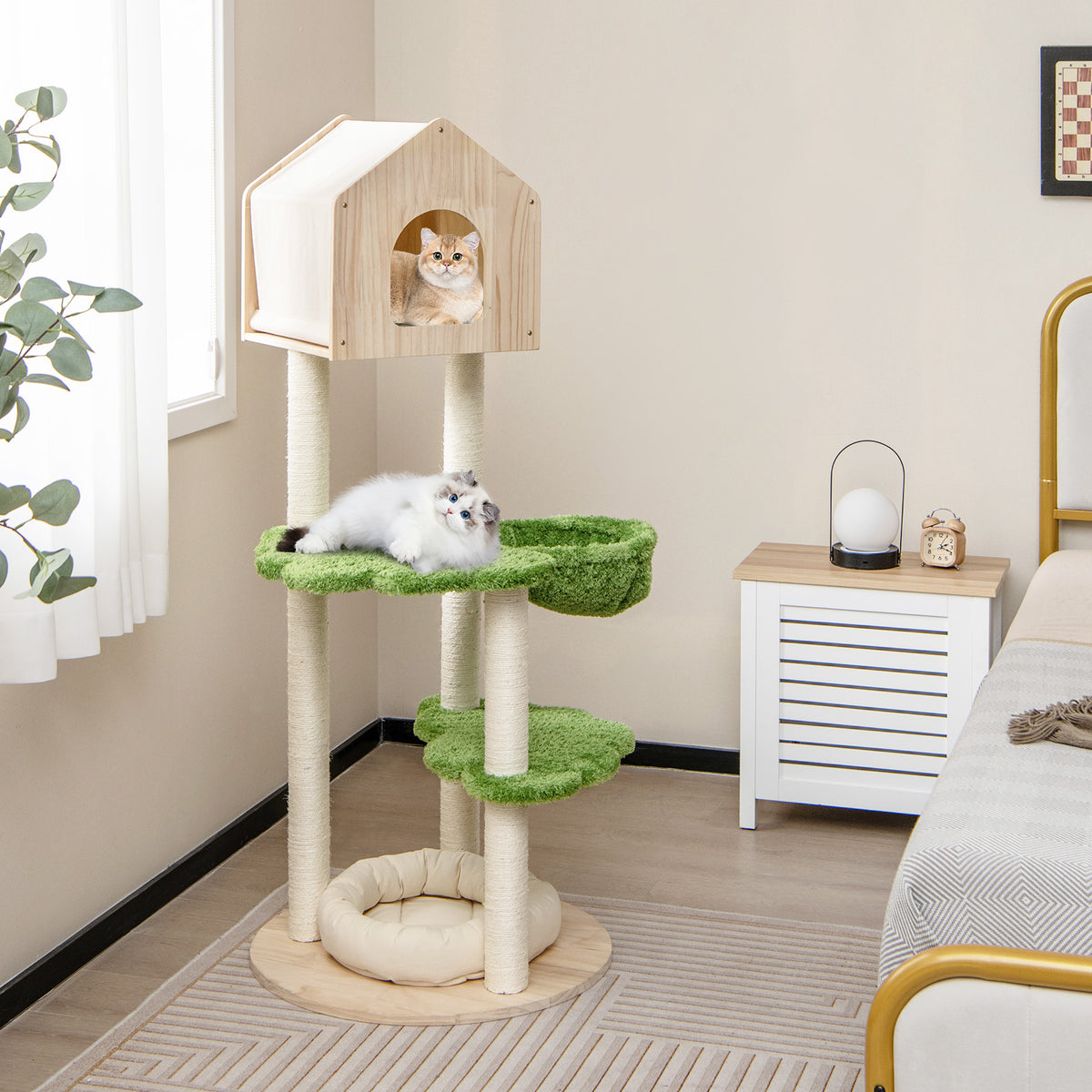 Green 55 Inch Tall Cat Climbing Stand with Sisal Scratching Posts & Soft Bed - Indoor Kitten Furniture