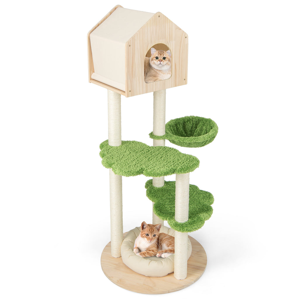 Green 55 Inch Tall Cat Climbing Stand with Sisal Scratching Posts & Soft Bed - Indoor Kitten Furniture