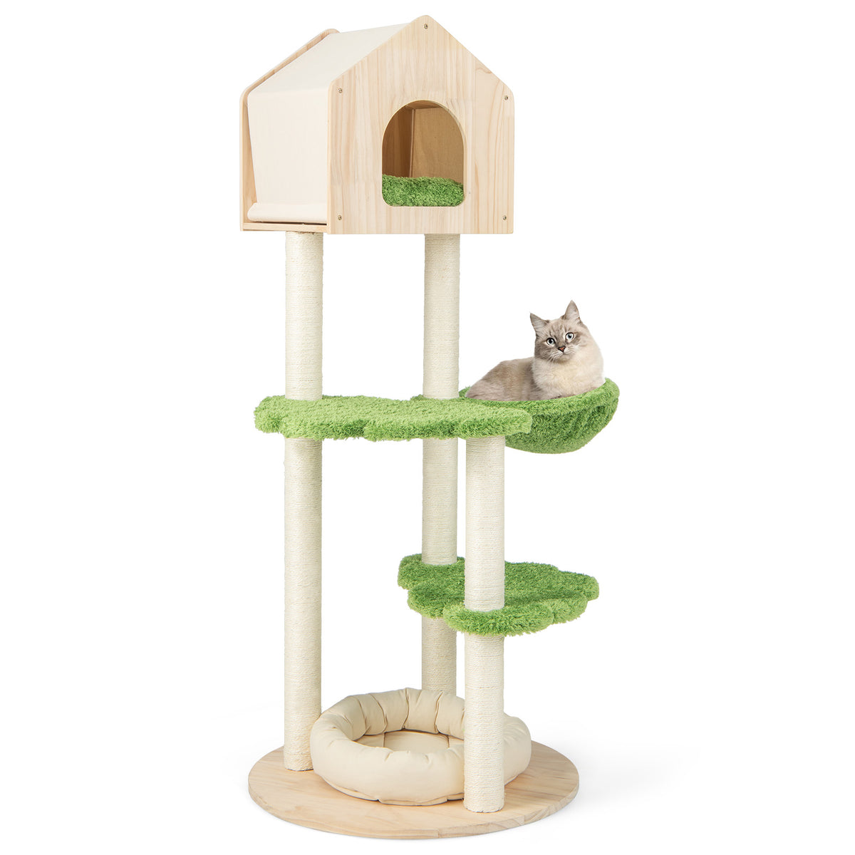 Green 55 Inch Tall Cat Climbing Stand with Sisal Scratching Posts & Soft Bed - Indoor Kitten Furniture