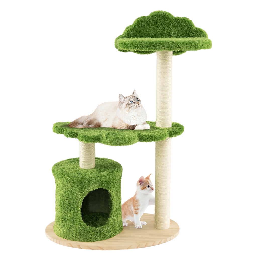 Green 38 Inch Cute Cat Tree with Fully Wrapped Sisal Posts & Cozy Condo