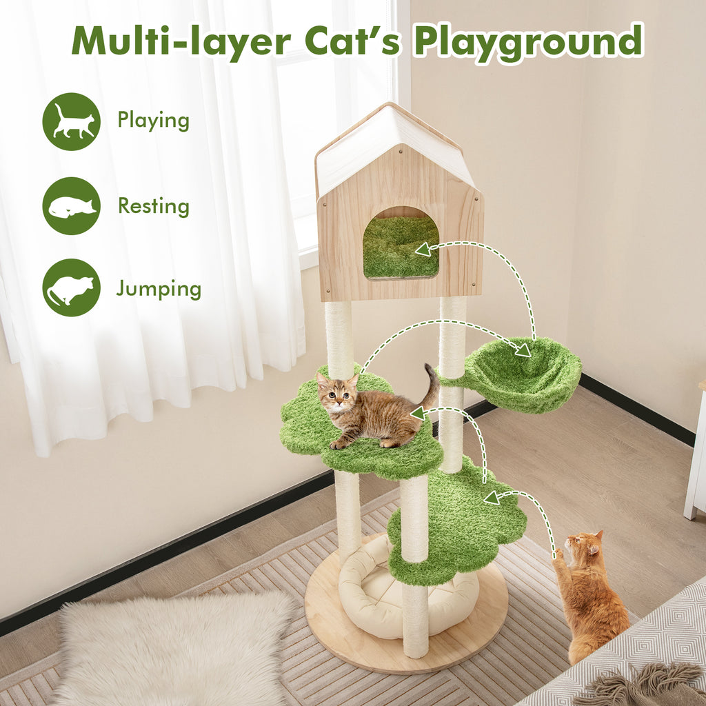 Green 55 Inch Tall Cat Climbing Stand with Sisal Scratching Posts & Soft Bed - Indoor Kitten Furniture