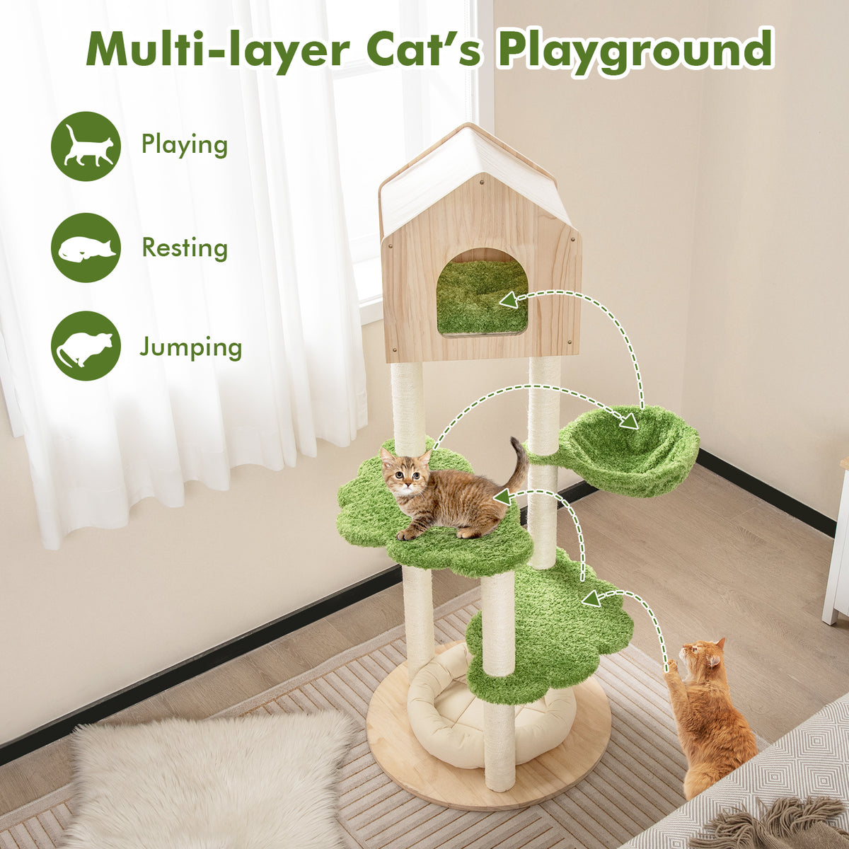 Green 55 Inch Tall Cat Climbing Stand with Sisal Scratching Posts & Soft Bed - Indoor Kitten Furniture