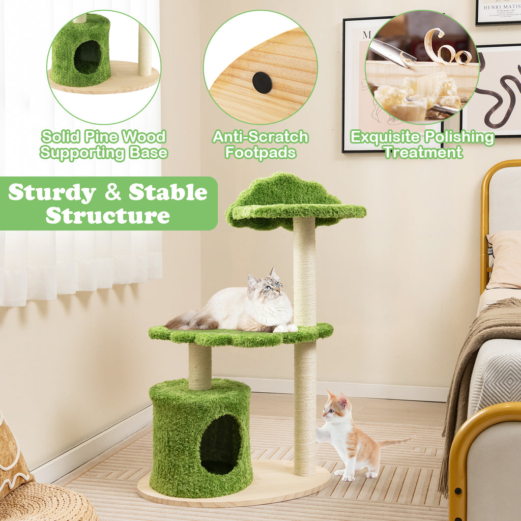 Green 38 Inch Cute Cat Tree with Fully Wrapped Sisal Posts & Cozy Condo