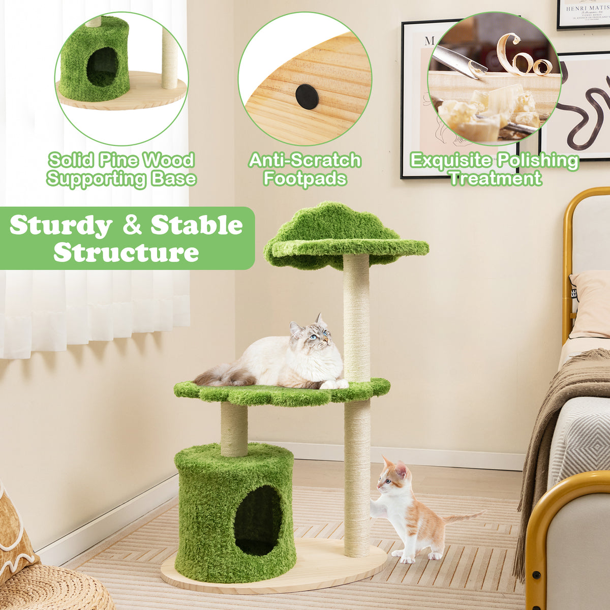 Green 38 Inch Cute Cat Tree with Fully Wrapped Sisal Posts & Cozy Condo