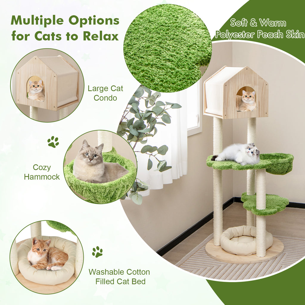 Green 55 Inch Tall Cat Climbing Stand with Sisal Scratching Posts & Soft Bed - Indoor Kitten Furniture