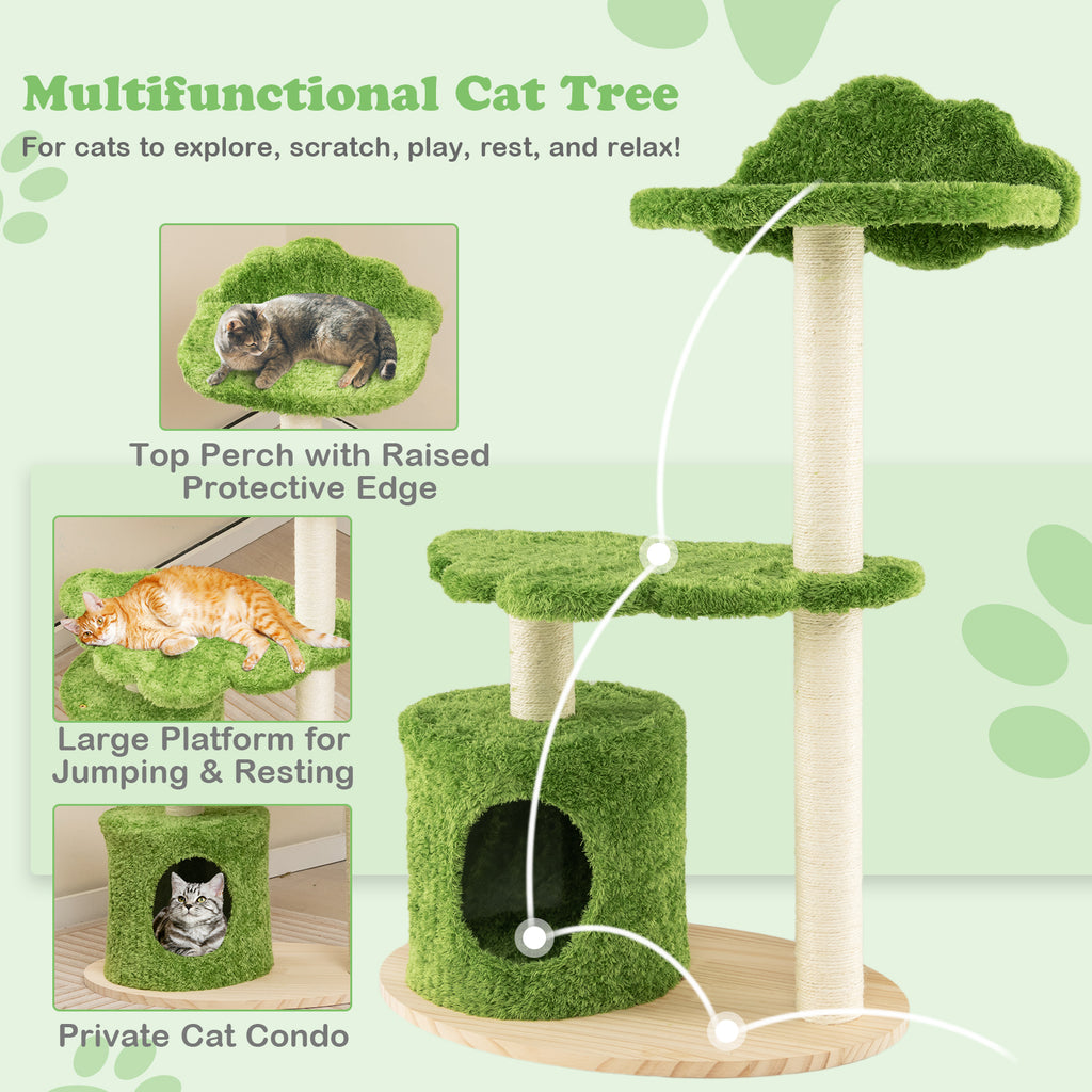Green 38 Inch Cute Cat Tree with Fully Wrapped Sisal Posts & Cozy Condo