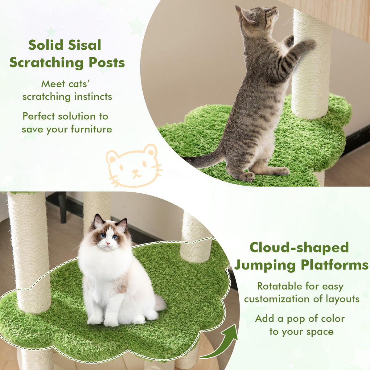 Green 55 Inch Tall Cat Climbing Stand with Sisal Scratching Posts & Soft Bed - Indoor Kitten Furniture