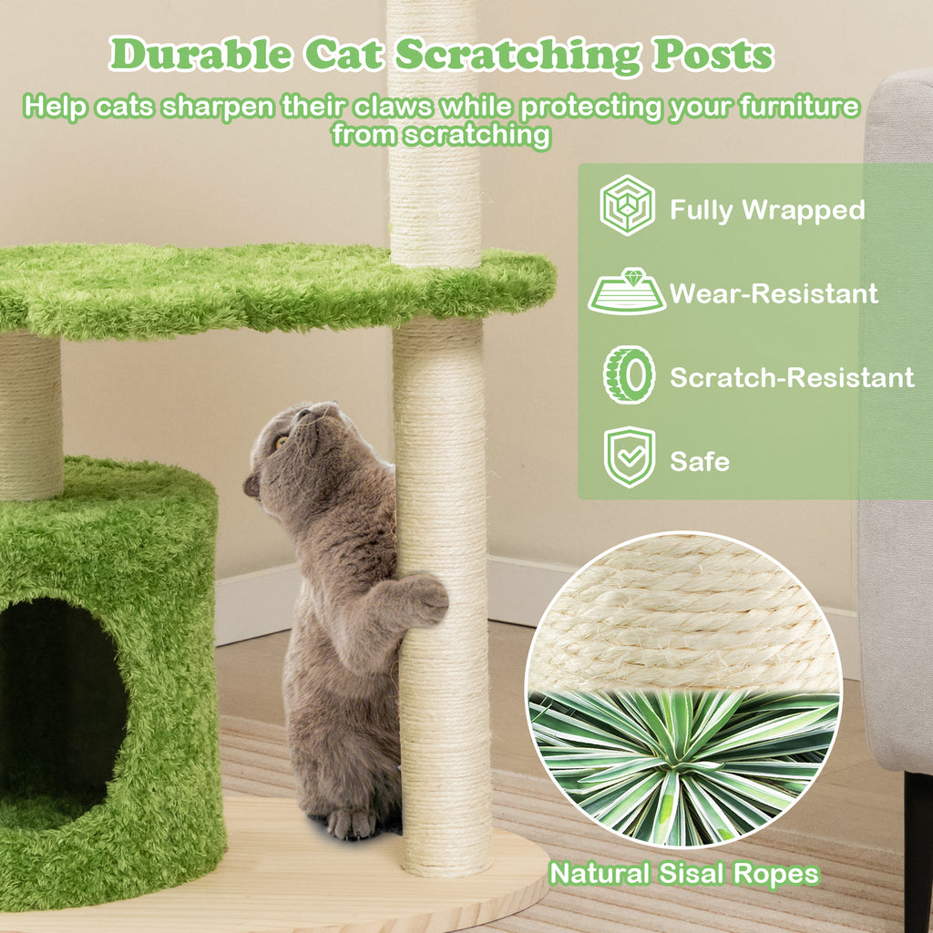 Green 38 Inch Cute Cat Tree with Fully Wrapped Sisal Posts & Cozy Condo