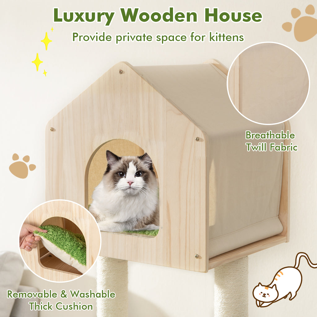 Green 55 Inch Tall Cat Climbing Stand with Sisal Scratching Posts & Soft Bed - Indoor Kitten Furniture