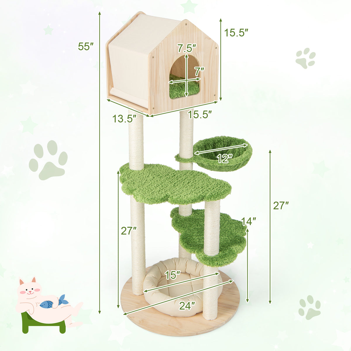 Green 55 Inch Tall Cat Climbing Stand with Sisal Scratching Posts & Soft Bed - Indoor Kitten Furniture