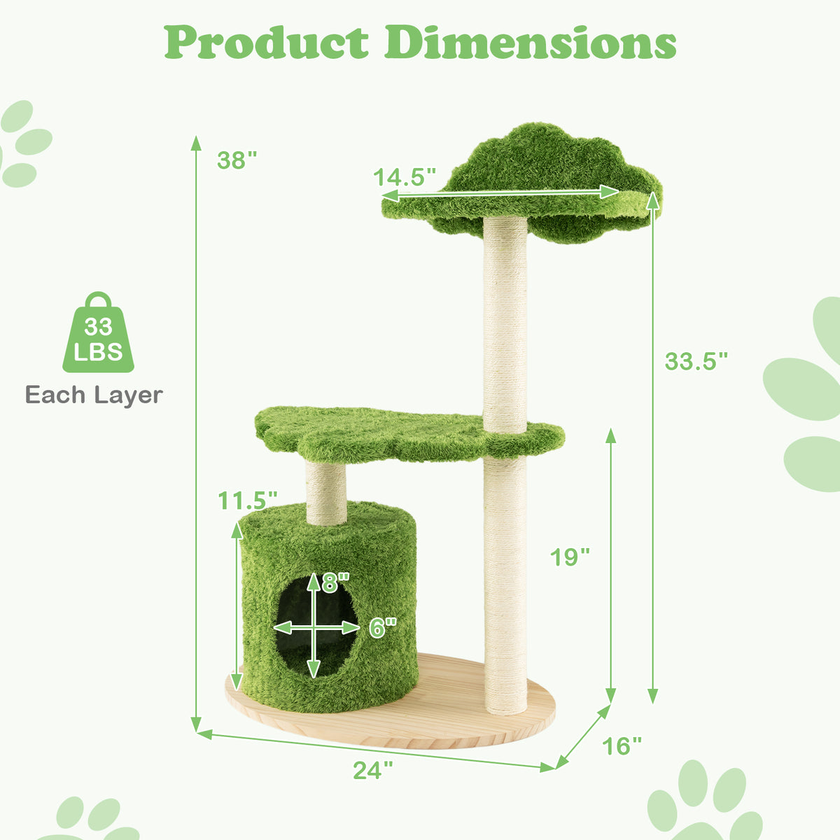 Green 38 Inch Cute Cat Tree with Fully Wrapped Sisal Posts & Cozy Condo