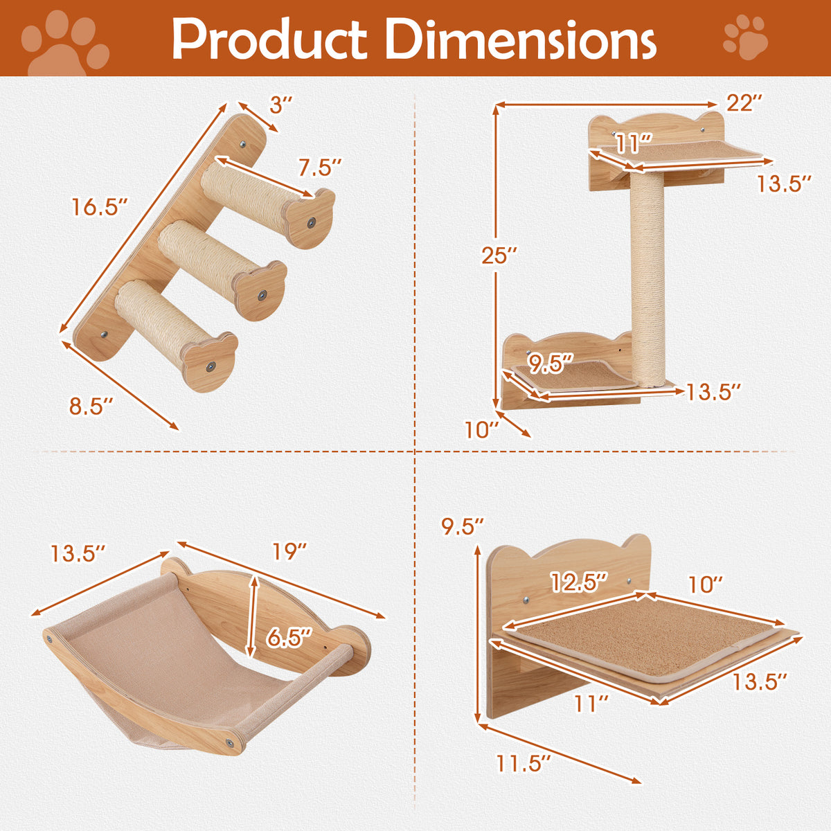 Cat Wall Furniture Set of 4 with Hammock and 2-Step Tree - Natural Variation