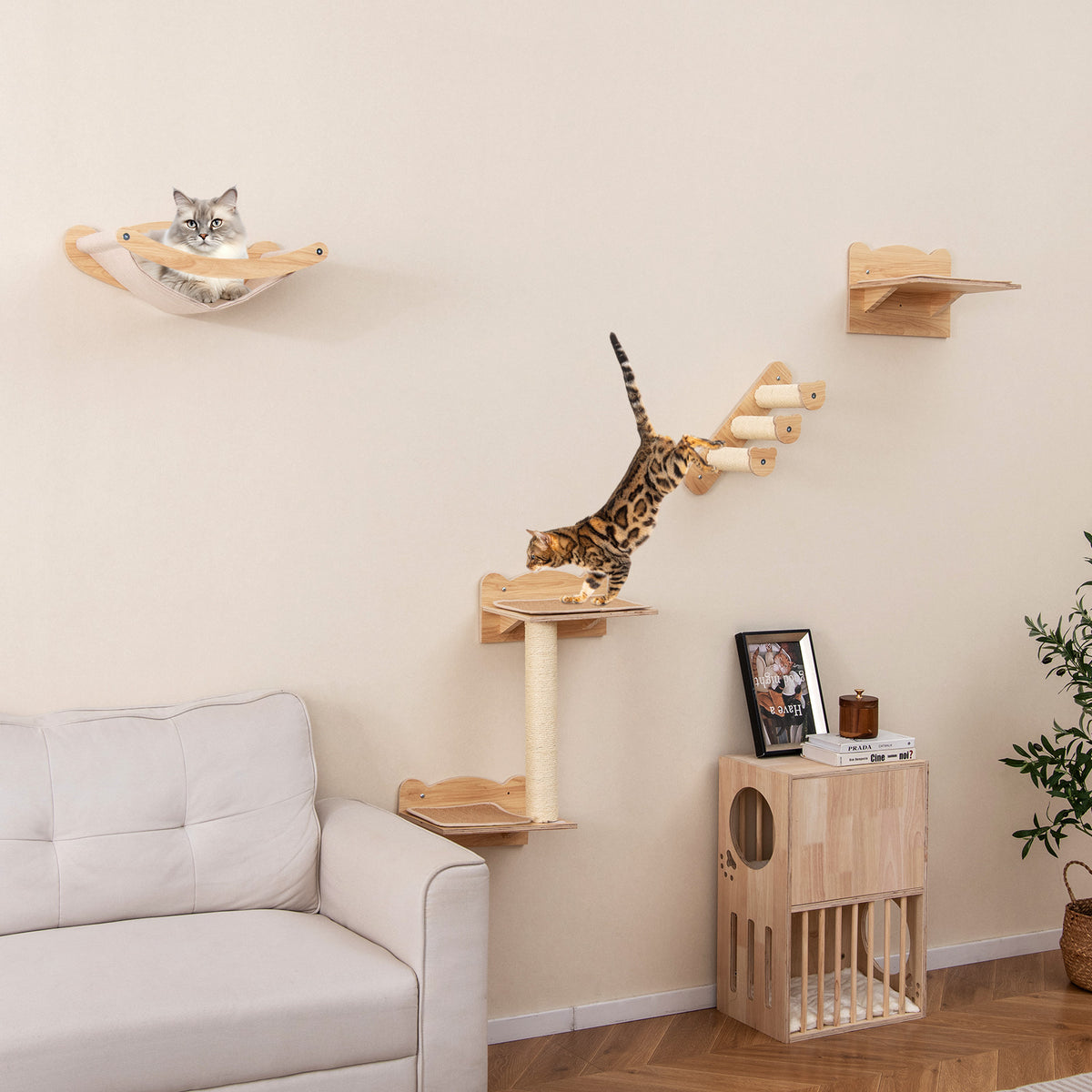 Cat Wall Furniture Set of 4 with Hammock and 2-Step Tree - Natural Variation