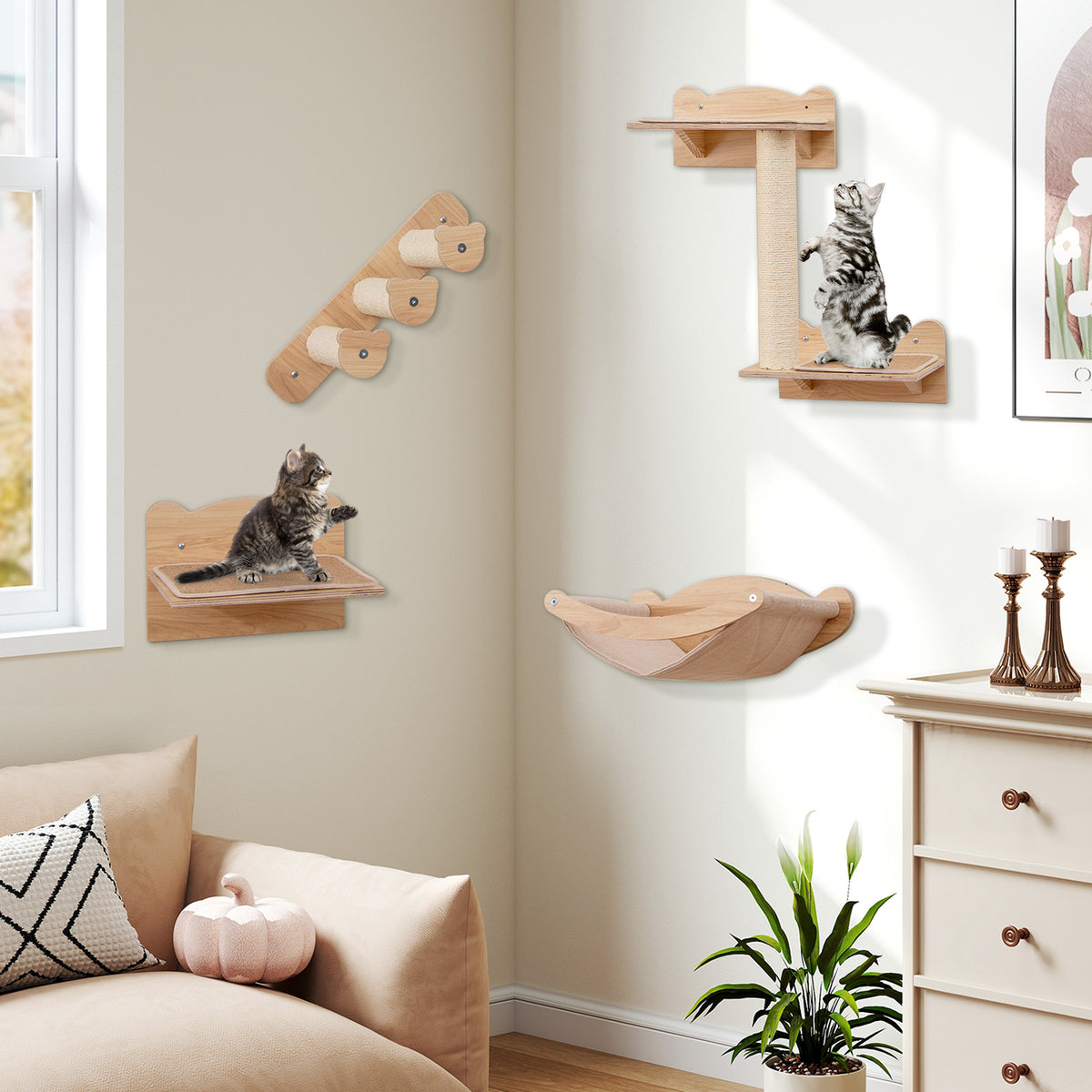 Cat Wall Furniture Set of 4 with Hammock and 2-Step Tree - Natural Variation