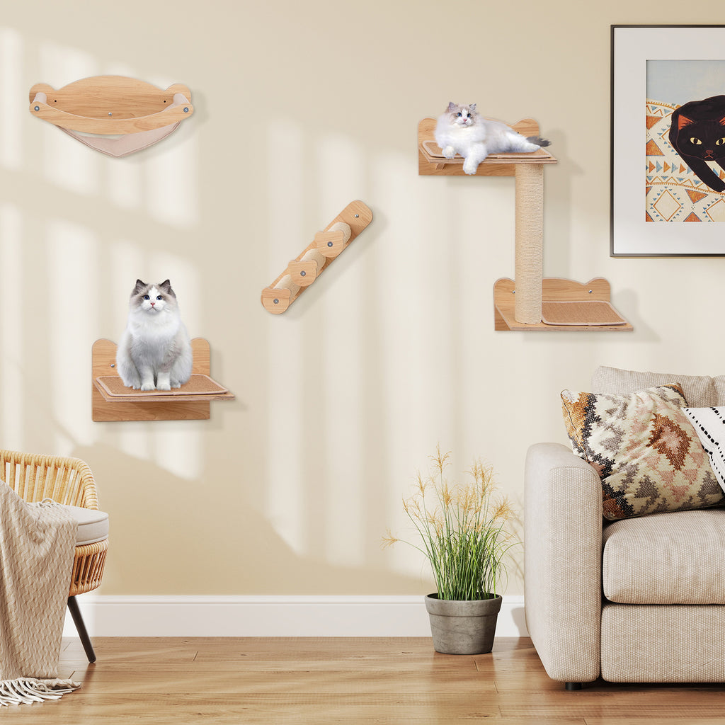 Cat Wall Furniture Set of 4 with Hammock and 2-Step Tree - Natural Variation