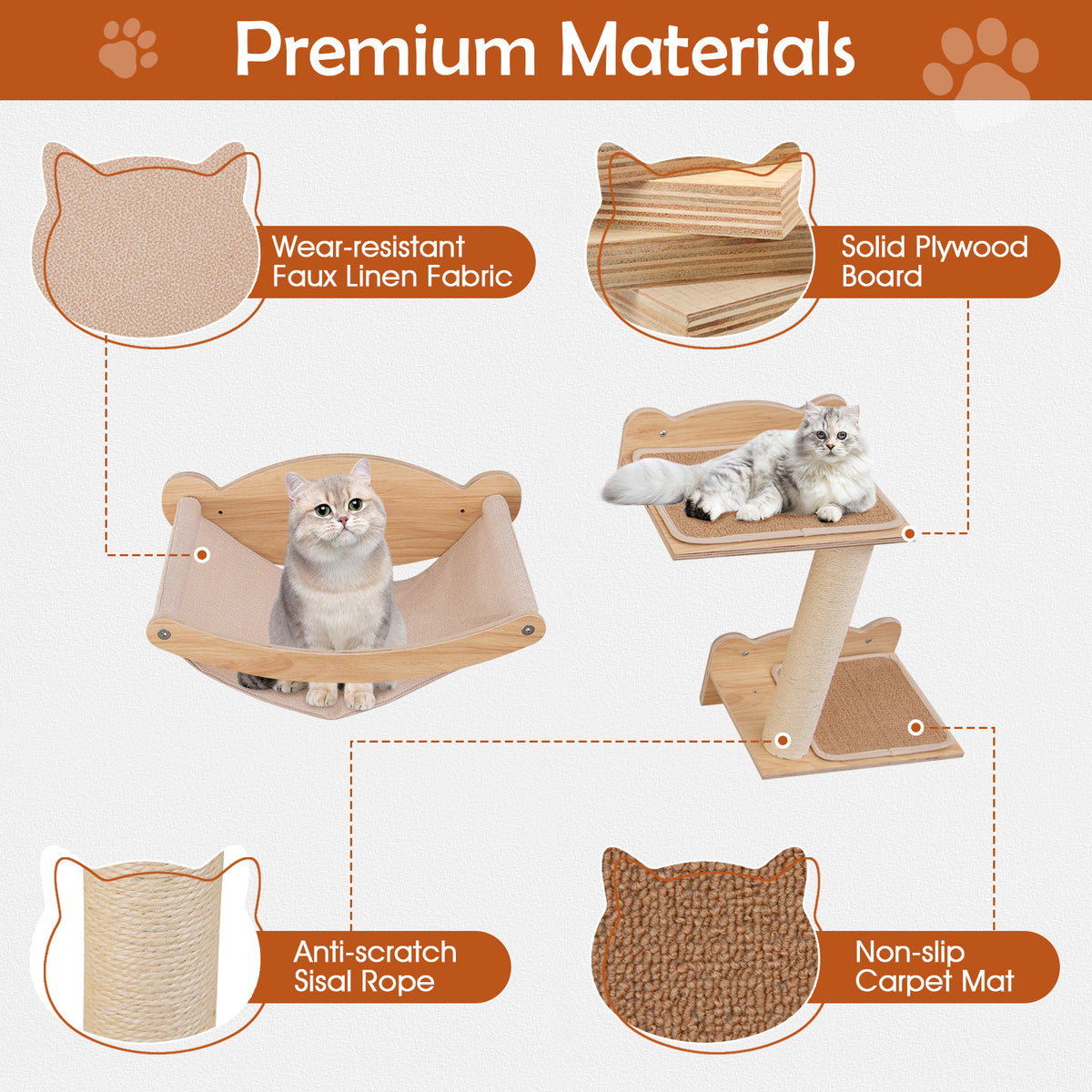 Cat Wall Furniture Set of 4 with Hammock and 2-Step Tree - Natural Variation