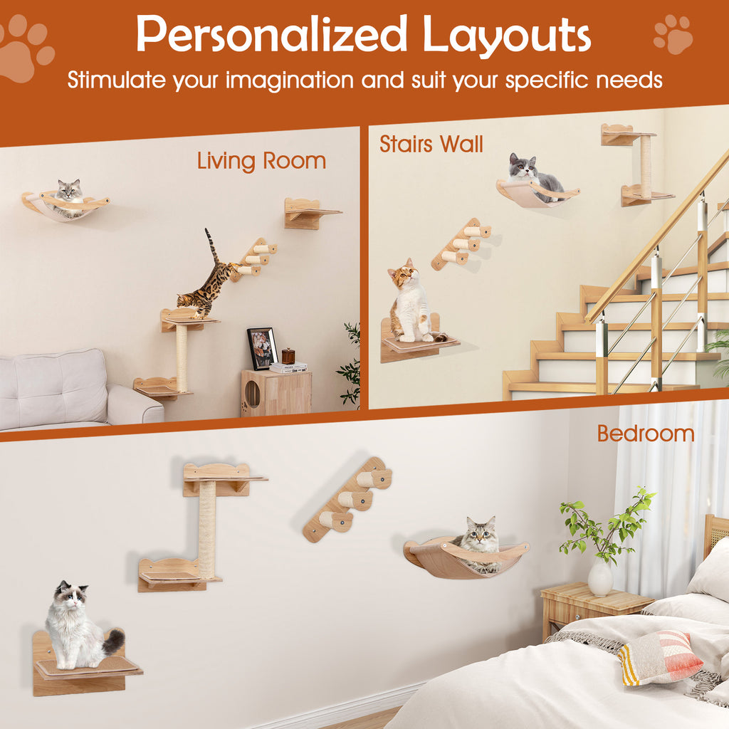 Cat Wall Furniture Set of 4 with Hammock and 2-Step Tree - Natural Variation