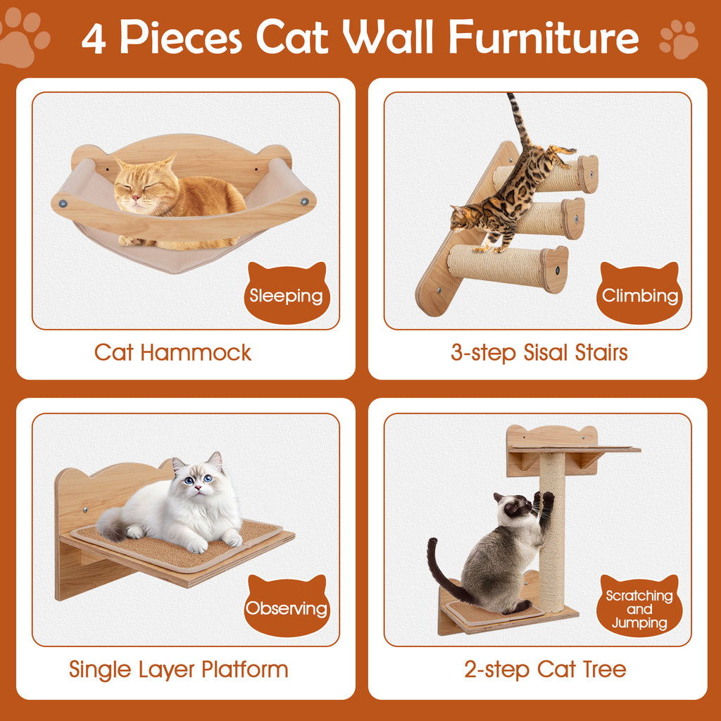 Cat Wall Furniture Set of 4 with Hammock and 2-Step Tree - Natural Variation