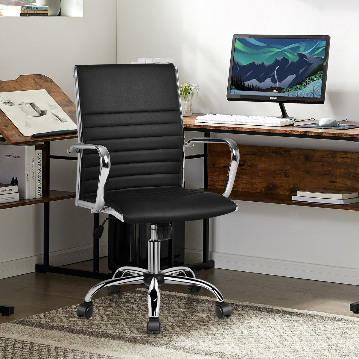 High Back Office Chair with Armrests - Black, PU Leather