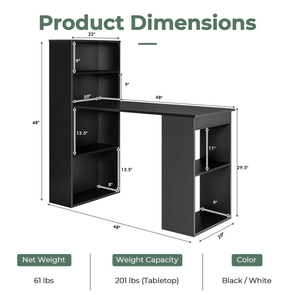 48" Computer Desk with 4-Tier Bookcase and CPU Stand - Black