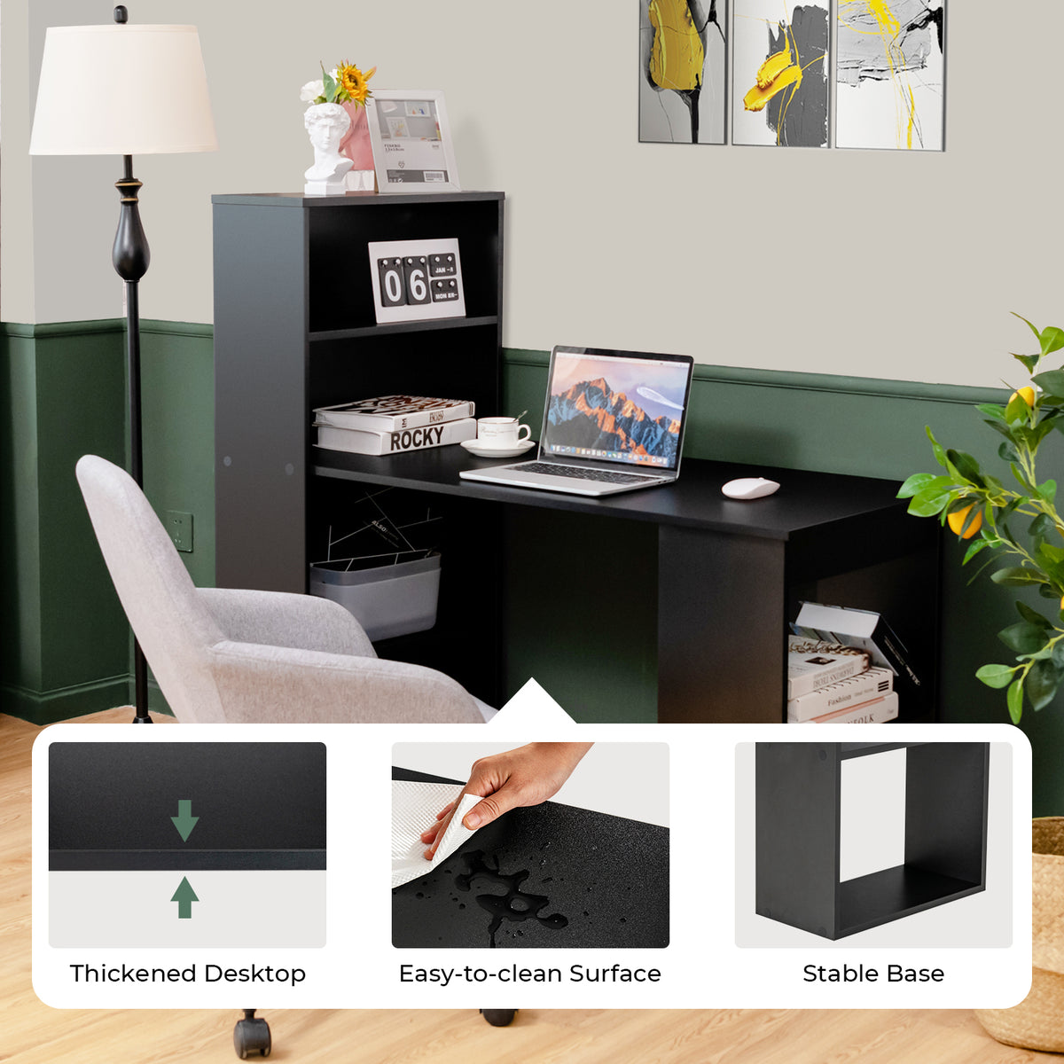 48" Computer Desk with 4-Tier Bookcase and CPU Stand - Black