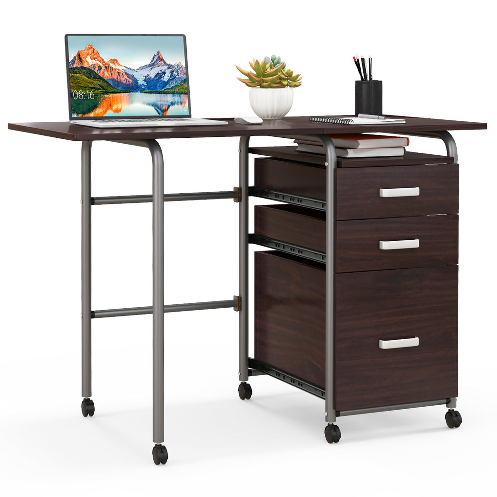 Folding Computer Desk with 3 Drawers & Wheels - Brown