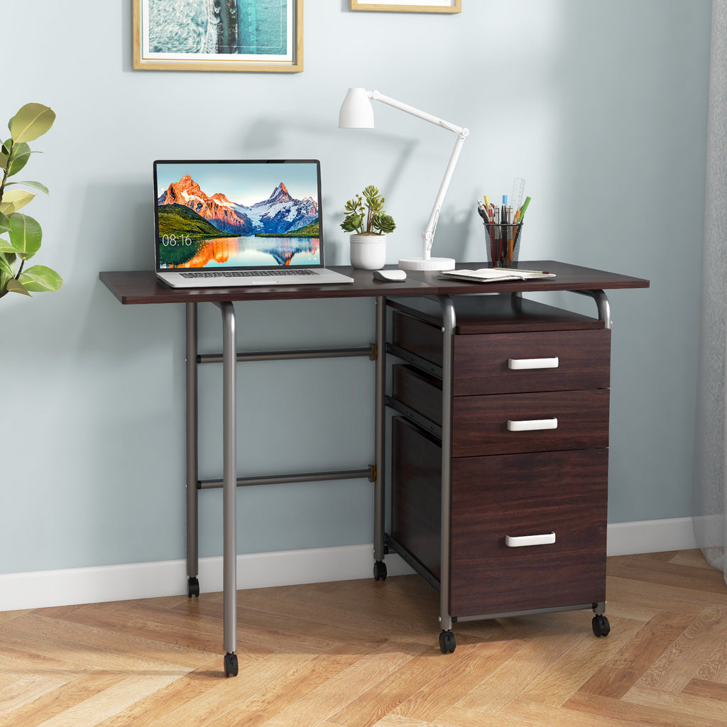 Folding Computer Desk with 3 Drawers & Wheels - Brown