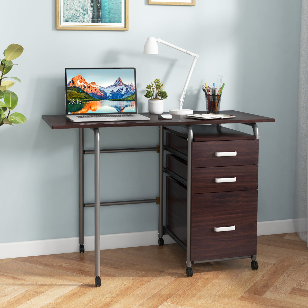 Folding Computer Desk with 3 Drawers & Wheels - Brown