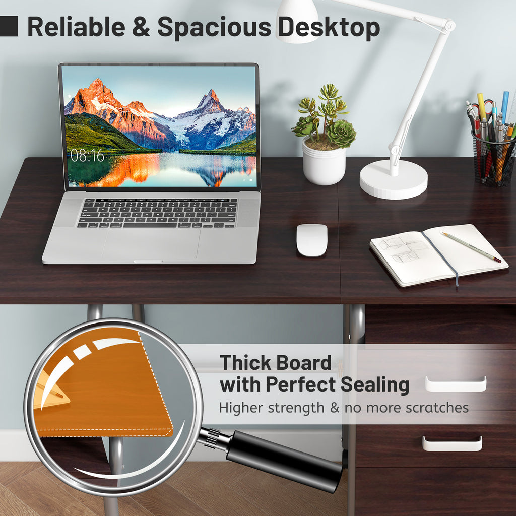Folding Computer Desk with 3 Drawers & Wheels - Brown